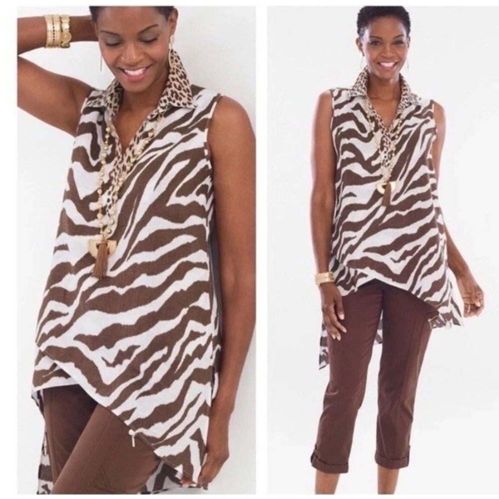 Chicos Linen Tunic Zebra Sleeveless Top Resort Brown Light Asymmetrical Sz 3 XL‎